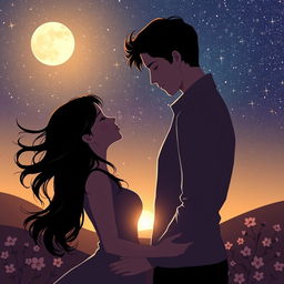 A romantic scene depicting a couple embracing under a starlit sky