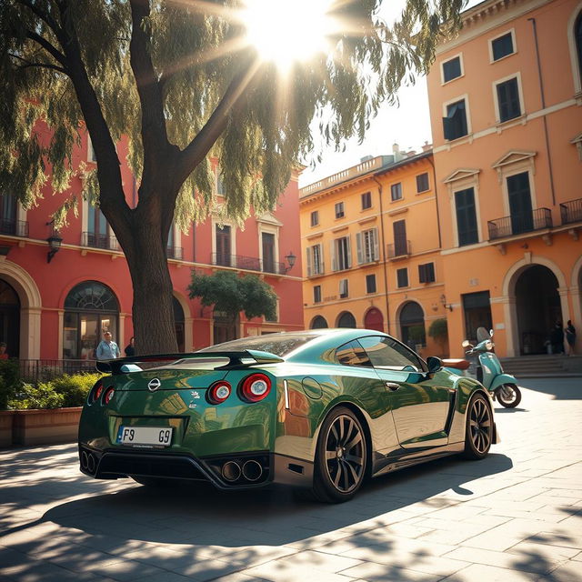 A wide shot of a striking metallic green Nissan GTR parked under the shade of a tall olive tree at the edge of a sunlit Italian piazza