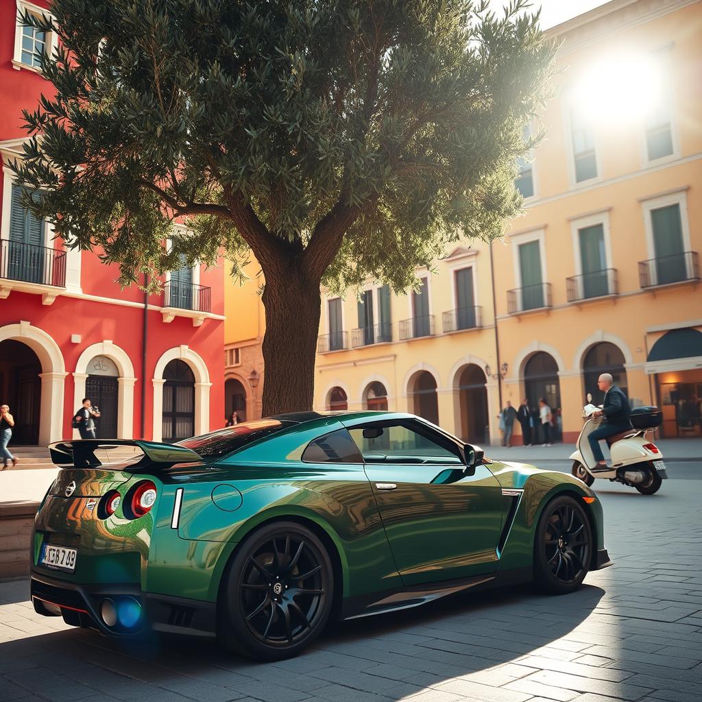 A wide shot of a striking metallic green Nissan GTR parked under the shade of a tall olive tree at the edge of a sunlit Italian piazza