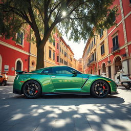 A wide shot of a striking metallic green Nissan GTR parked under the shade of a tall olive tree at the edge of a sunlit Italian piazza