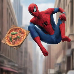 A hyper-realistic image of Spiderman kicking a lizard monster, causing it to fall, while holding a box of pizza