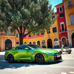 A wide shot of a striking metallic green Nissan GTR parked under the shade of a tall olive tree at the edge of a sunlit Italian piazza