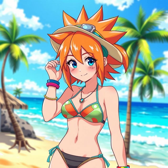 A stylish anime character inspired by the aesthetic of Naruto, wearing a trendy bikini, showing off her fit physique