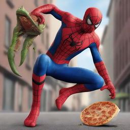 A hyper-realistic image of Spiderman kicking a lizard monster, causing it to fall, while holding a box of pizza