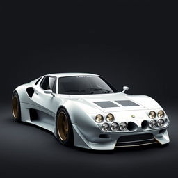 An extraordinary digital image of a futuristic Lancia Stratos coupe, showcasing a sleek carbon fiber body and a distinctive design featuring six round headlights arranged in an eye-catching configuration