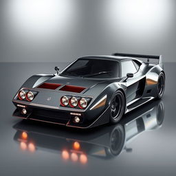 An extraordinary digital image of a futuristic Lancia Stratos coupe, showcasing a sleek carbon fiber body and a distinctive design featuring six round headlights arranged in an eye-catching configuration
