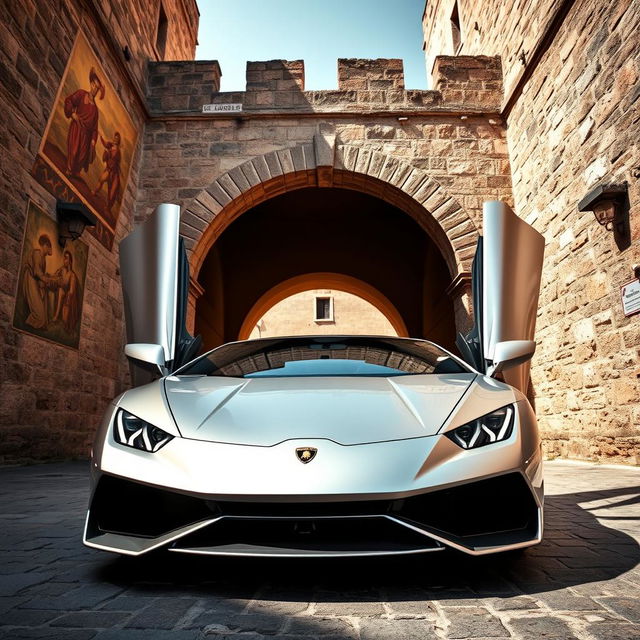 A captivating low-angle shot of a stunning silver Lamborghini Huracan parked majestically at the entrance of a medieval Italian archway