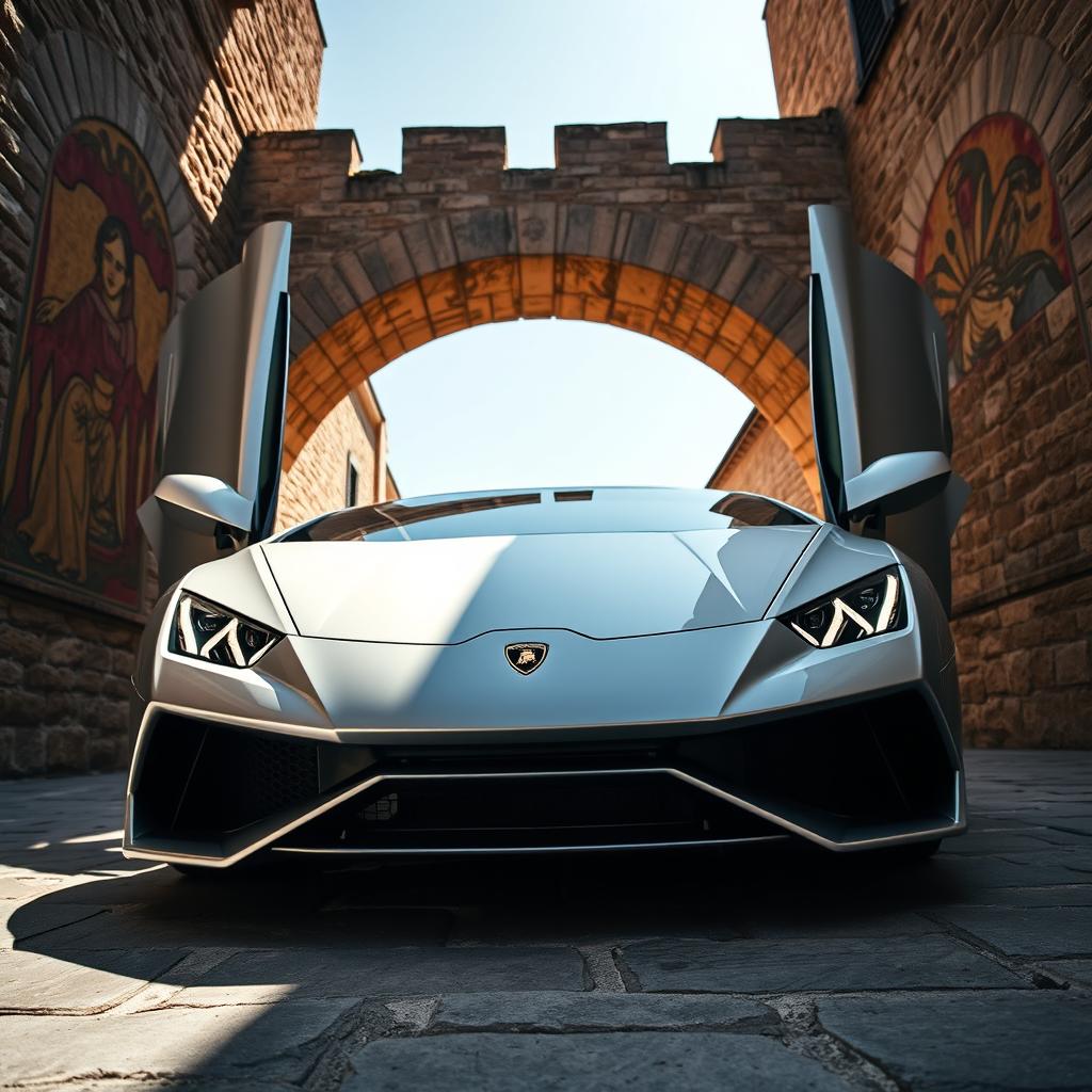 A captivating low-angle shot of a stunning silver Lamborghini Huracan parked majestically at the entrance of a medieval Italian archway