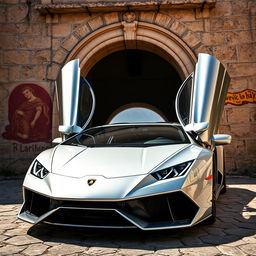 A captivating low-angle shot of a stunning silver Lamborghini Huracan parked majestically at the entrance of a medieval Italian archway
