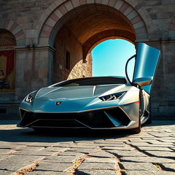 A captivating low-angle shot of a stunning silver Lamborghini Huracan parked majestically at the entrance of a medieval Italian archway