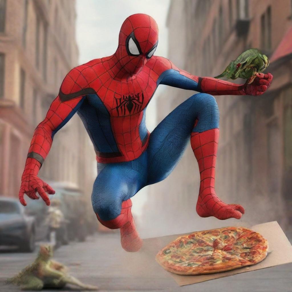 A hyper-realistic image of Spiderman kicking a lizard monster, causing it to fall, while holding a box of pizza