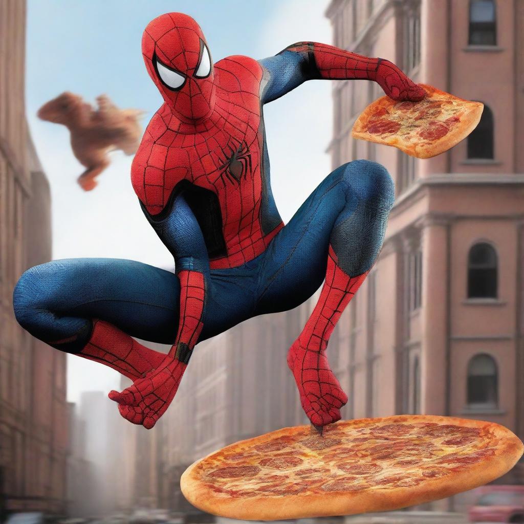 A hyper-realistic image of Spiderman battling a giant monster while holding a box of pizza