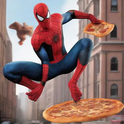 A hyper-realistic image of Spiderman battling a giant monster while holding a box of pizza