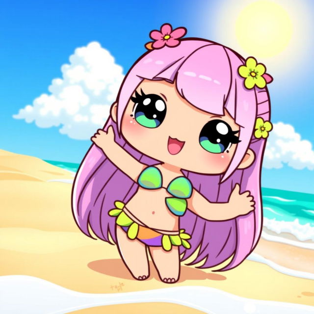 A cute chibi character wearing a vibrant and colorful bikini, with large sparkling eyes and an oversized head, showcasing a playful pose on a sunny beach