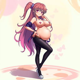 An anime character with exaggerated features, showcasing a super attractive belly and voluptuous breasts, paired with long, elegant legs