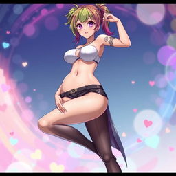 An anime character with exaggerated features, showcasing a super attractive belly and voluptuous breasts, paired with long, elegant legs