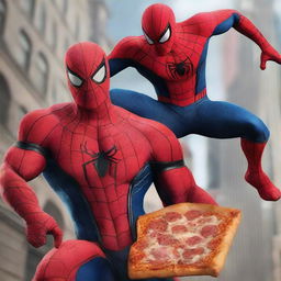 A hyper-realistic image of Spiderman battling a giant monster while holding a box of pizza