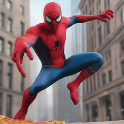 A hyper-realistic image of Spiderman battling a giant monster while holding a box of pizza