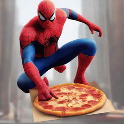 A hyper-realistic image of Spiderman battling a giant monster while holding a box of pizza