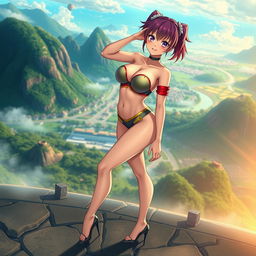 A striking image of a sexy anime character with an attractive appearance, featuring a smartly toned belly and large, voluptuous breasts