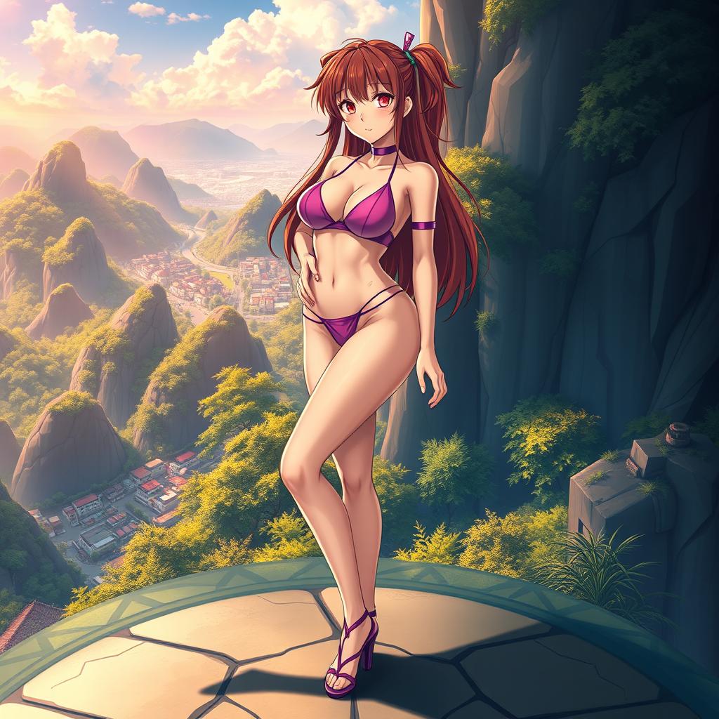 A striking image of a sexy anime character with an attractive appearance, featuring a smartly toned belly and large, voluptuous breasts