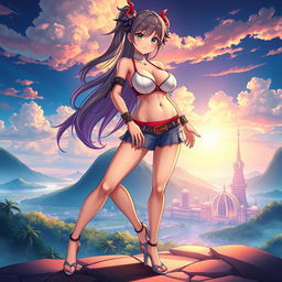 A striking image of a sexy anime character with an attractive appearance, featuring a smartly toned belly and large, voluptuous breasts
