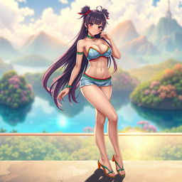 A striking image of a sexy anime character with an attractive appearance, featuring a smartly toned belly and large, voluptuous breasts