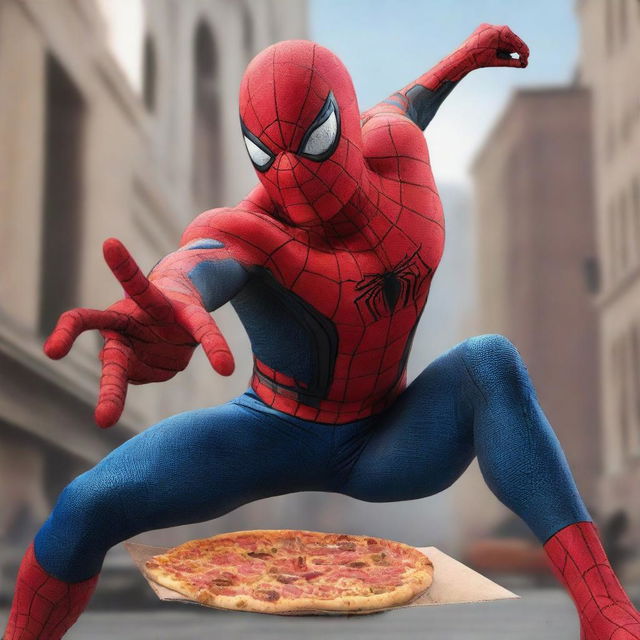 A hyper-realistic image of Spiderman battling a villain while holding a box of pizza