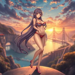 A captivating image of a sexy anime character with an attractive appearance, featuring a smartly toned belly and large, voluptuous breasts