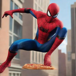 A hyper-realistic image of Spiderman battling a villain while holding a box of pizza