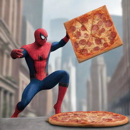 A hyper-realistic image of Spiderman battling a villain while holding a box of pizza