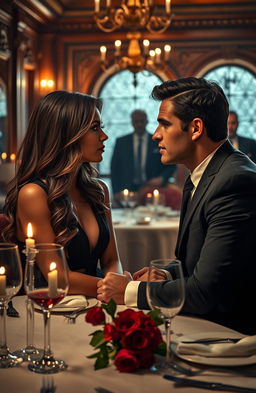 A captivating scene from a mafia romance novel set in a dimly lit, opulent Italian restaurant