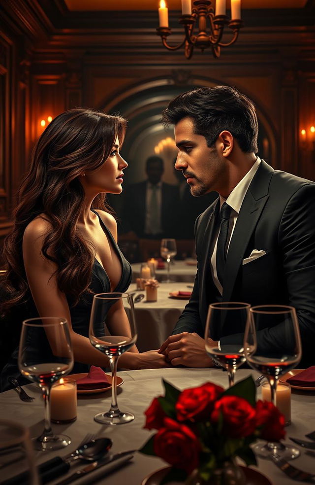 A captivating scene from a mafia romance novel set in a dimly lit, opulent Italian restaurant