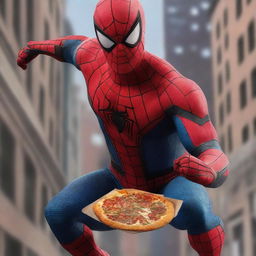 A hyper-realistic image of Spiderman battling a villain while holding a box of pizza