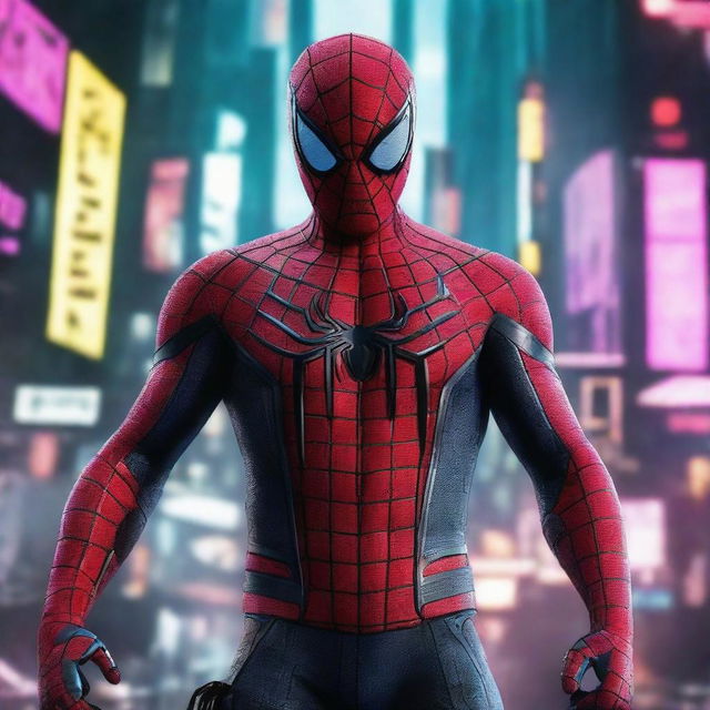 A high-quality image depicting Spiderman in a cyberpunk-style costume