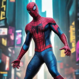 A high-quality image depicting Spiderman in a cyberpunk-style costume