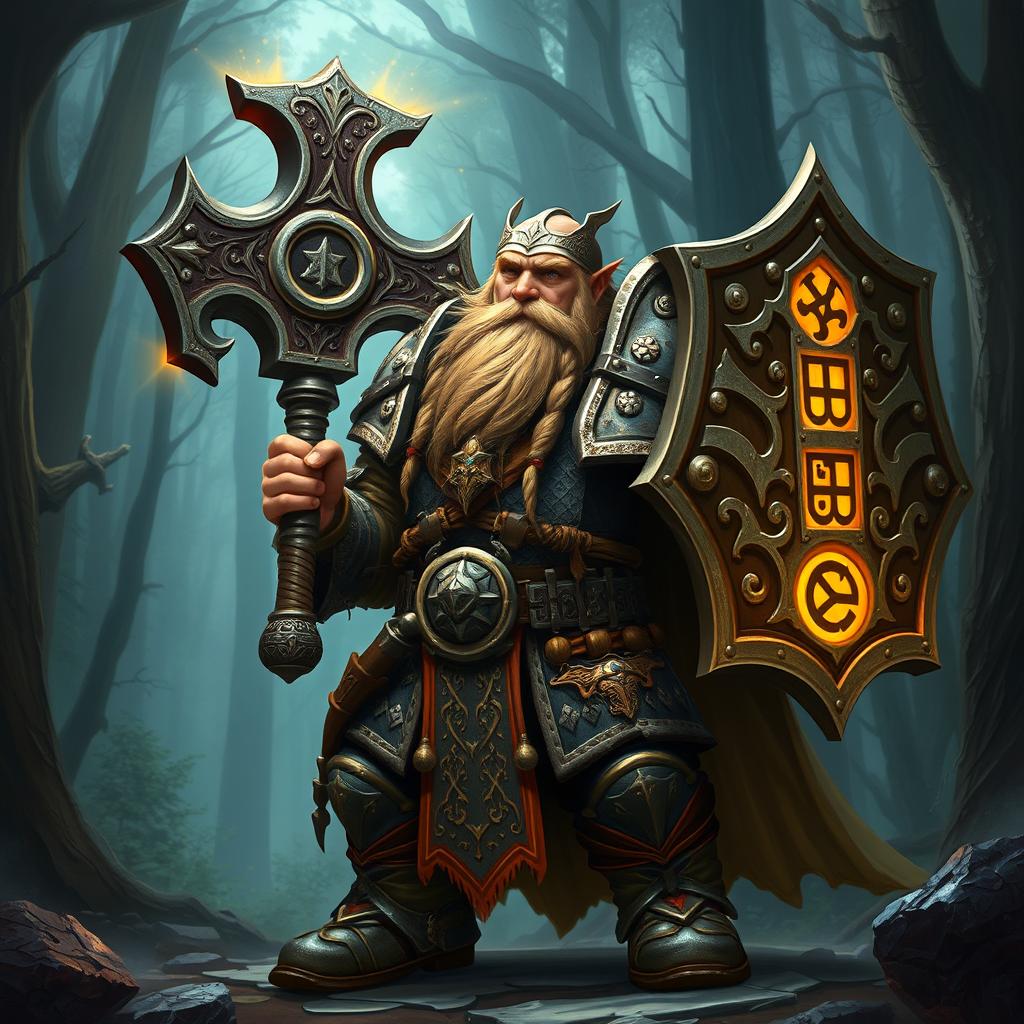 A stout dwarf paladin clad in intricately detailed plate armor, carrying a massive warhammer adorned with glowing runes