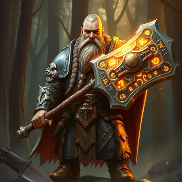 A stout dwarf paladin clad in intricately detailed plate armor, carrying a massive warhammer adorned with glowing runes