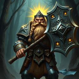 A stout dwarf paladin clad in intricately detailed plate armor, carrying a massive warhammer adorned with glowing runes