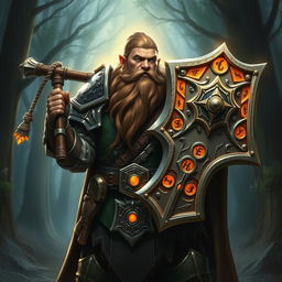 A stout dwarf paladin clad in intricately detailed plate armor, carrying a massive warhammer adorned with glowing runes