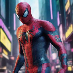 A high-quality image depicting Spiderman in a cyberpunk-style costume