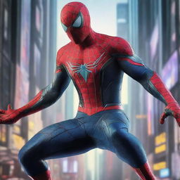 A high-quality image depicting Spiderman in a cyberpunk-style costume