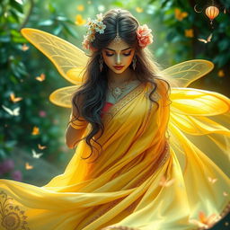 An extremely beautiful and ethereal fairy-like being, resembling a pure 'pari' from Indian mythology, with an alluring and attractive face