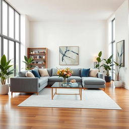 An elegant and modern interior design featuring a spacious living room with large windows allowing natural light to flood in