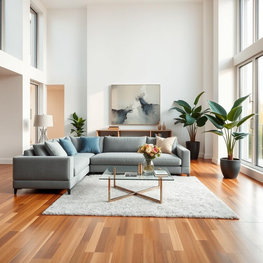 An elegant and modern interior design featuring a spacious living room with large windows allowing natural light to flood in