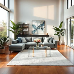 An elegant and modern interior design featuring a spacious living room with large windows allowing natural light to flood in