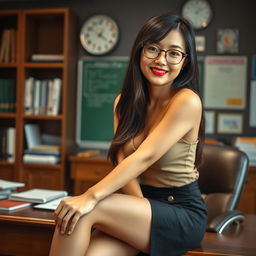 A seductive Asian woman, approximately 40 years old, exuding confidence as she sits on a desk in a school principal's office