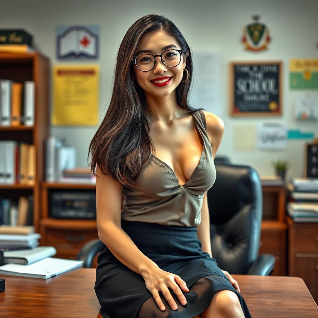 A seductive Asian woman, approximately 40 years old, exuding confidence as she sits on a desk in a school principal's office