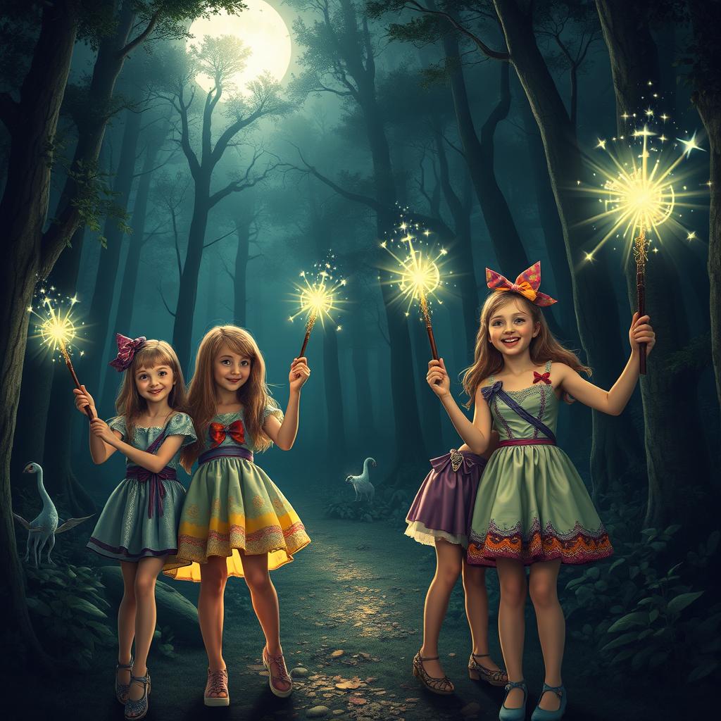 Four teenage girls in a mystical forest at night, each holding a glowing magic wand