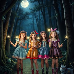 Four teenage girls in a mystical forest at night, each holding a glowing magic wand
